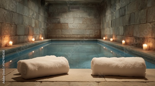 Towels on stone shelves in the grotto by candlelight. Stone interior of a spa with a swimming pool.