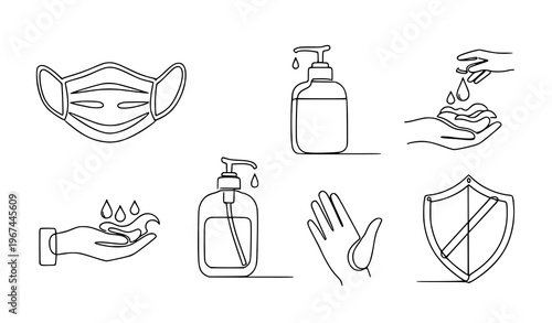 Continuous line icons for health protection and hygiene with a minimalist set of health and safety icons drawn in a continuous line style with wash hands with line art