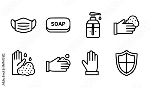 Hygiene and safety icons: mask, soap, sanitizer, and shield, a set of simple line icons focused on personal hygiene and safety practices, wash hands, personal care