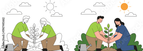 Two volunteers planting a young tree together in the garden for nature conservation environmental protection reforestation and sustainable green future