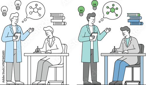 Two male scientists in lab coats conducting research, with lightbulb ideas and molecular symbols for scientific discovery, innovation, and education