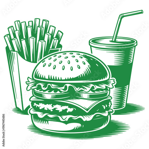 Classic fast food meal featuring a juicy burger, crispy fries, and a cold drink