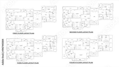 Multi-floor architectural layout plans from 1st to 4th floors, clean CAD line art vector illustration, black and white technical blueprint isolated on white background, EPS 10.