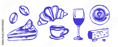 Food and drinks vector set in sketch style. Coffee, desserts, wine, cheese and other 