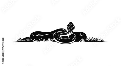 Black and white illustration of a coiled snake resting in the grass