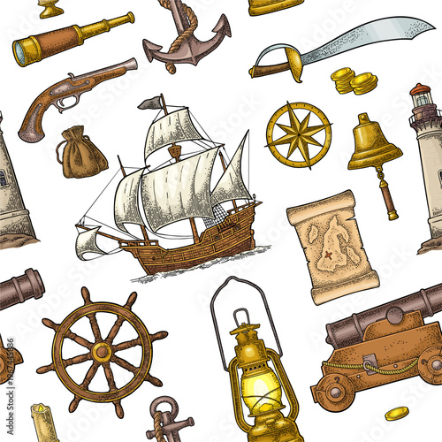 Seamless pattern with caravel, anchor, wheel, compass rose, spyglass, bell, lifebuoy, lighthouse, wheel. Vintage color vector engraving illustration for poster, label, postmark Isolated on white