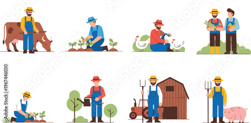 Farmer Activity Vector Set with Livestock Care, Planting, Watering, Poultry Feeding, Harvesting, and Rural Agriculture Illustrations