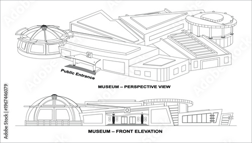 Museum building perspective and front elevation showcasing detailed exterior façade, presented as clean architectural line art vector isolated on a white background in EPS 10 format