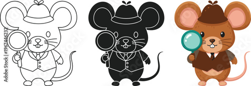 Cute detective mouse character set, adorable rodent investigator holding magnifying glass in line art, black silhouette, and flat color vector.