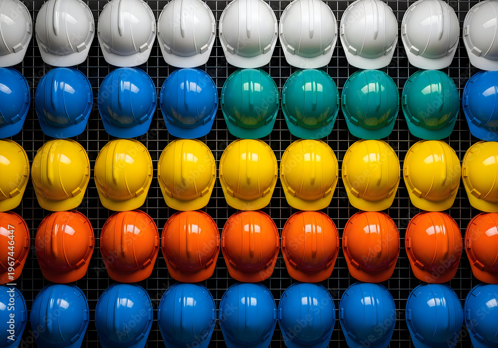 Fototapeta premium Vibrant hard hats celebrating labor day and workers' rights with safety and unity