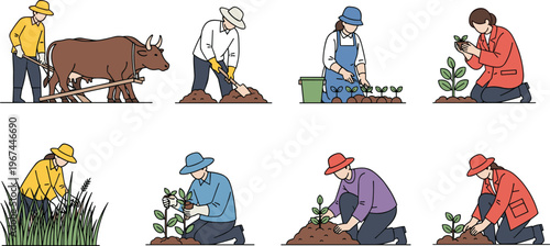 Farmer Planting and Agriculture Activity Vector Set with Rural Workers, Crop Cultivation, Farming Tasks, and Organic Gardening Illustrations