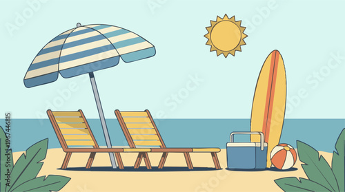 Summer Beach Holiday Scene with Umbrella, Chairs, Surfboard, and Ocean