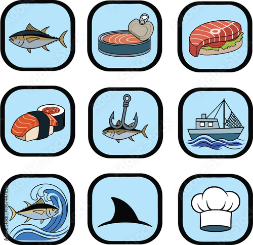 Tuna Fishing, Processing, and Culinary Applications Icon Set
