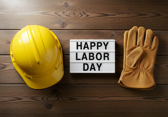 Happy labor day celebration with hard hat gloves and festive sign on wooden background honoring workers' contributions