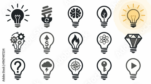 Collection of light bulb icons representing ideas and innovation concepts