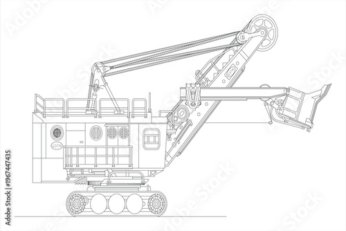 Excavator construction machine illustrated in clean CAD line art style, technical vector design isolated on white background, EPS 10.