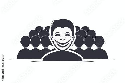 Positive Person in a Crowd Silhouette, Standout Smiling Face Minimalist Vector Art