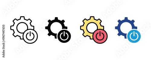 Technical system power button with gear mechanism and shutdown settings icon set. Hardware configuration and operational control symbols in multiple styles. Vector Illustration.