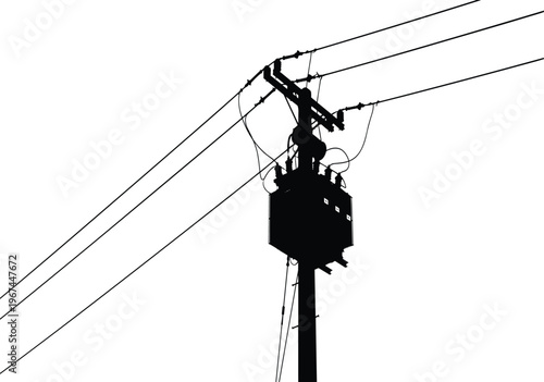 Silhouette of electric pole with wires and transformer power lines black and white