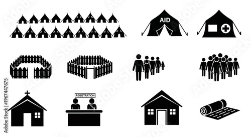 icons for humanitarian aid and shelter.