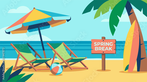 Spring Break beach illustration with umbrella, chairs, and palm tree
