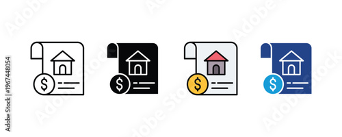 Real estate house invoice with dollar currency symbol and property billing icon set. Financial home mortgage and rental payment document symbols in multiple styles. Vector Illustration.