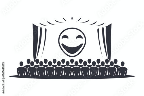 Cheerful Character in a Human Crowd, Minimalist Outline Silhouette Vector Illustration