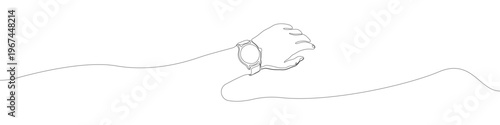 Hand with wristwatch one line drawing, single line illustration of wrist with watch, continuous line art with clean contour, minimalist unbroken linear form, modern abstract linear silhouette.