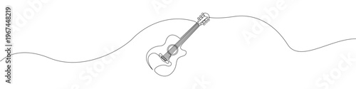 Acoustic guitar one line drawing, continuous line art of a musical instrument, minimalist one stroke line drawing with smooth flowing line, clean contour modern line illustration for music.