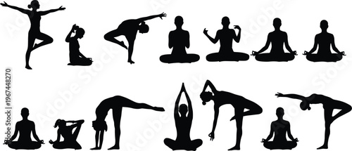 Black silhouettes of people doing various yoga poses white background
