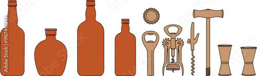 Brown bottles and wine accessories on white background corkscrew bottle opener
