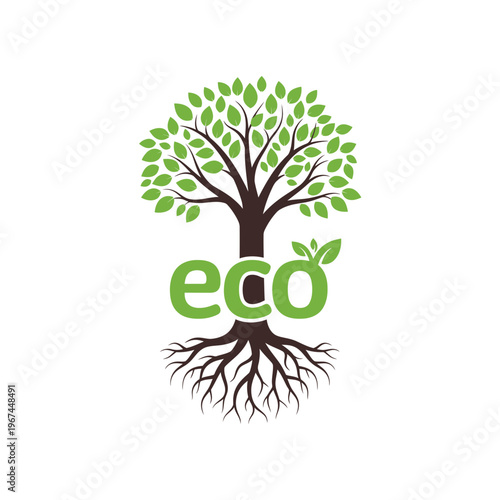 Ecofriendly tree with green leaves and roots representing environmental sustainability and nature conservation.