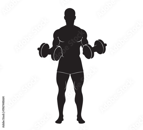 Dynamic black silhouette illustration of a man engaged in a bicep curl exercise, powerfully lifting dumbbells to build arm strength and muscle in a focused workout regimen
