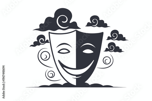 Smiling Mask Covering Sad Thoughts, Monochrome Illustration of Hidden Depression and Anxiety