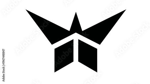 A geometric, stylized emblem with black shapes against a white backdrop, like a minimalist crest