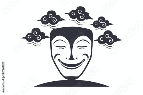 Monochrome Vector Art: Smiling Mask Concealing Dark and Cloudy Thoughts, Mental Health Concept