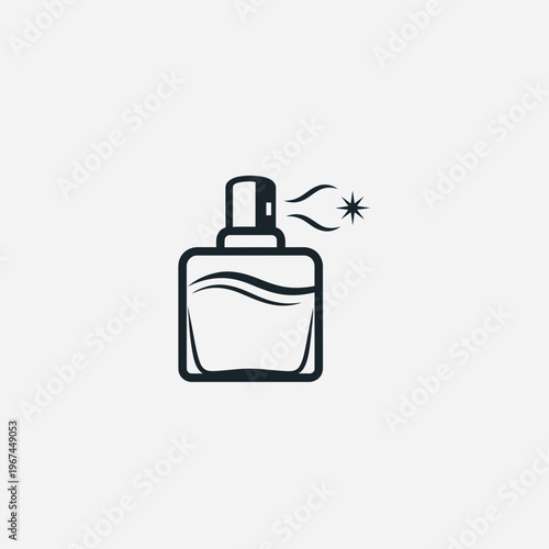 Elegant perfume bottle illustration with spray and starburst design on white background.