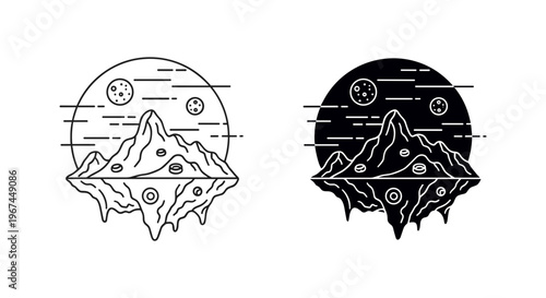 Minimalist mountain landscape icons, floating island vector set, black and white geometric nature illustrations for branding and apparel design
