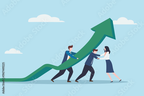 Teamwork propelling a large green arrow upwards towards success