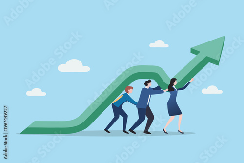Teamwork propelling success business people pushing a large green upward arrow