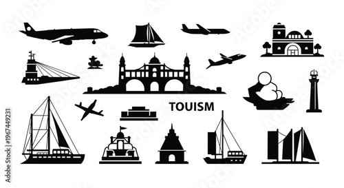Black tourism icons, travel symbols, landmarks, transportation signs, vector graphics