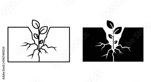 Minimalist plant growing through concrete crack icons, resilient sprout breaking through ground vector, nature overcoming obstacles concept