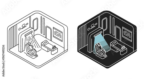 Futuristic medical laboratory isometric vector, sci-fi hospital room with high-tech scanning equipment, modern healthcare facility line art