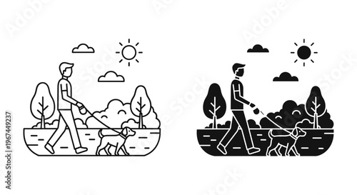 Minimalist line art man walking dog in park, outdoor pet activity icons, black and white vector illustration of person with puppy on leash