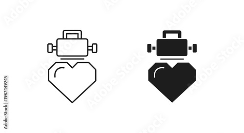 Minimalist heart with medical device vector icons, cardiology diagnostic equipment symbols, healthcare technology line and solid graphics