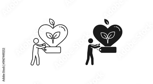 Eco-friendly shopping icons, person holding heart shaped tag with plant sprout, sustainable consumption and green commerce vector set