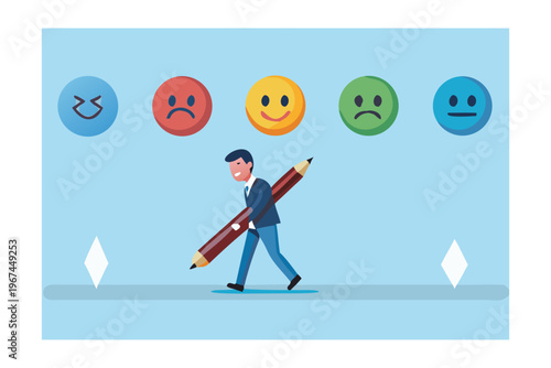 Man carrying a large pencil beneath a row of facial expression icons