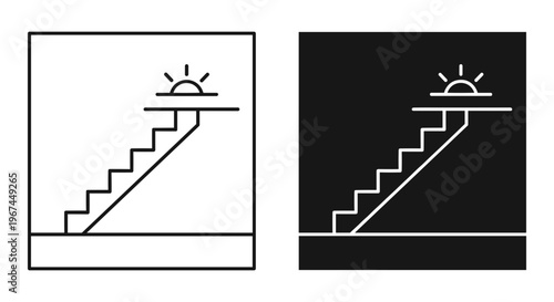 Minimalist stairs to the sun icon vector, conceptual career growth and success ladder symbols, black and white linear staircase illustration
