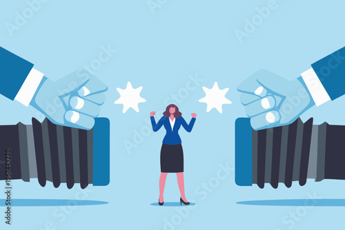 Businesswoman standing firm between two large imposing robotic hands