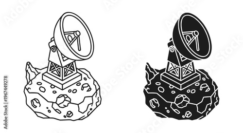 Isometric satellite dish on asteroid vector, space communication station icons, parabolic antenna on moon surface for science and technology
